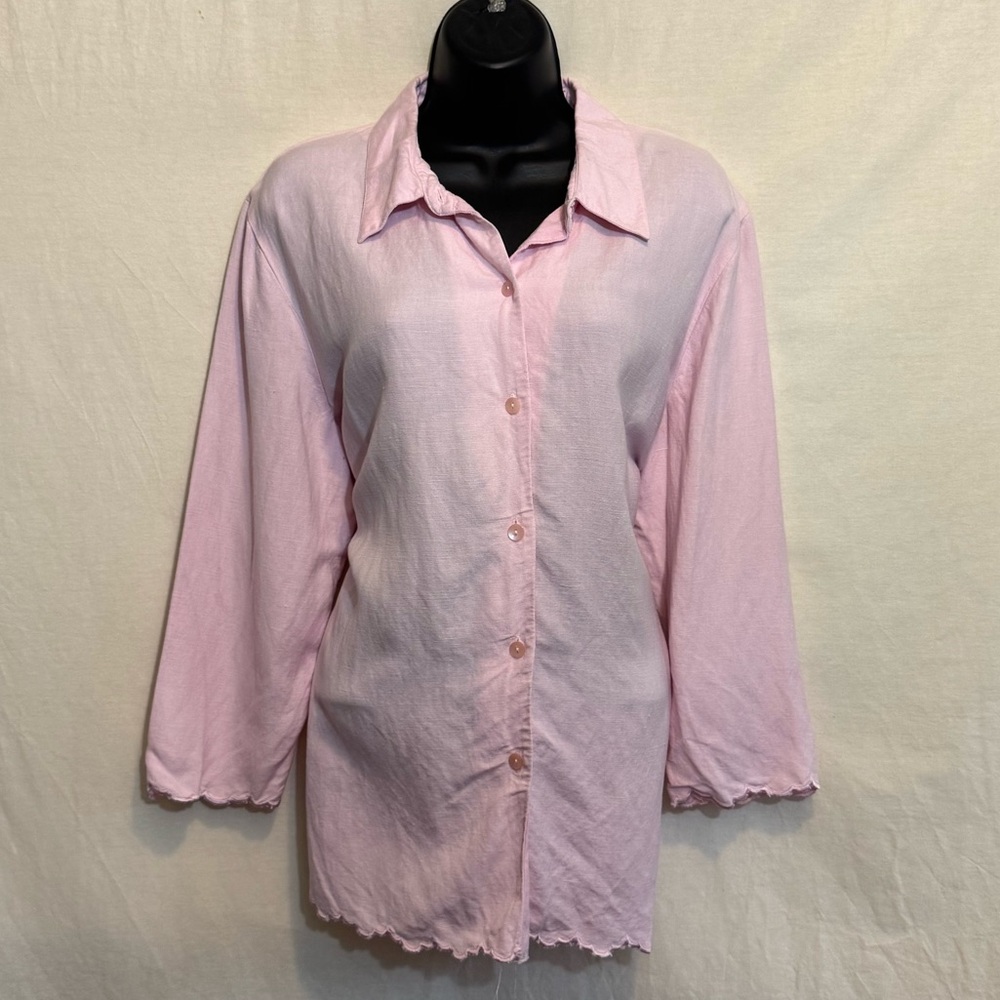 I-26 Joan Leslie Vintage Pink Linen Blend 1/2 Sleeve Button Down Blouse Size L